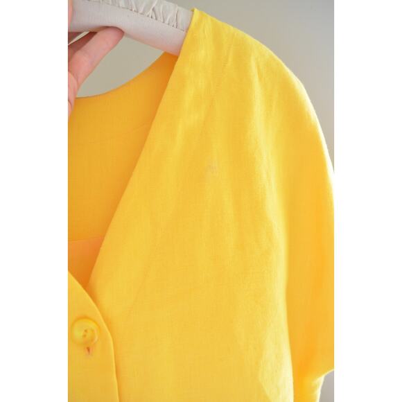 Vintage Yellow Linen 80s Back Button Dress - Picture 3 of 6